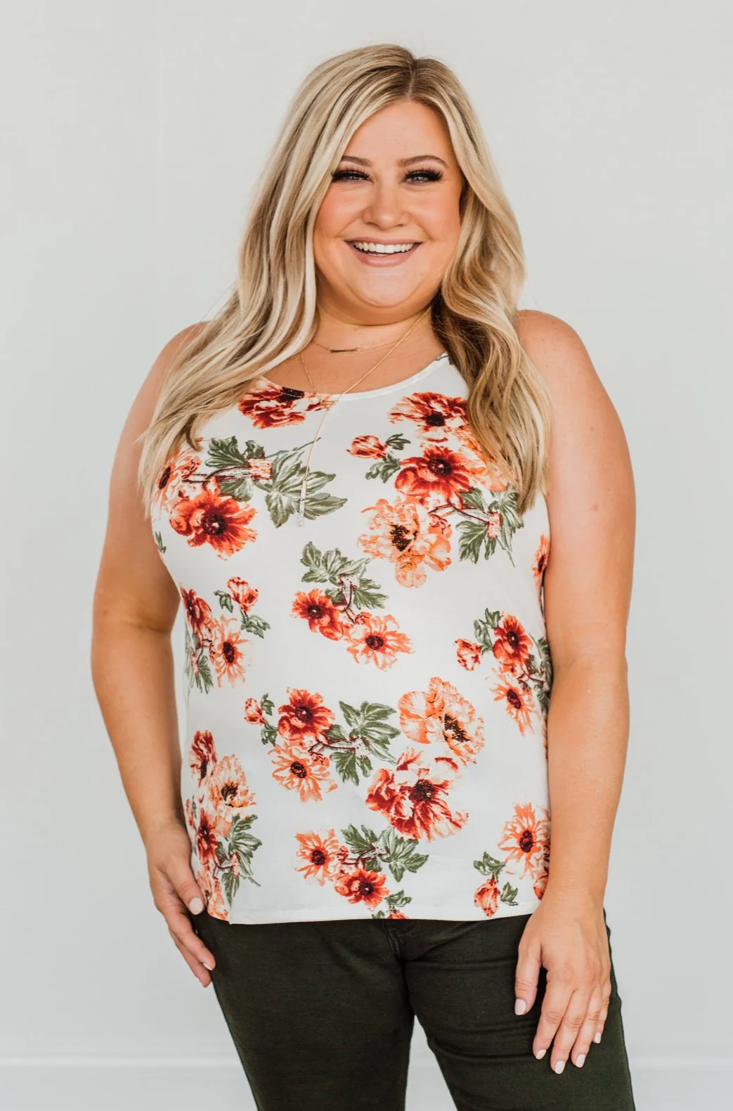 Sunshine & Good Vibes Floral Tank Top- Ivory, Rust, & Forest Green - Image 4