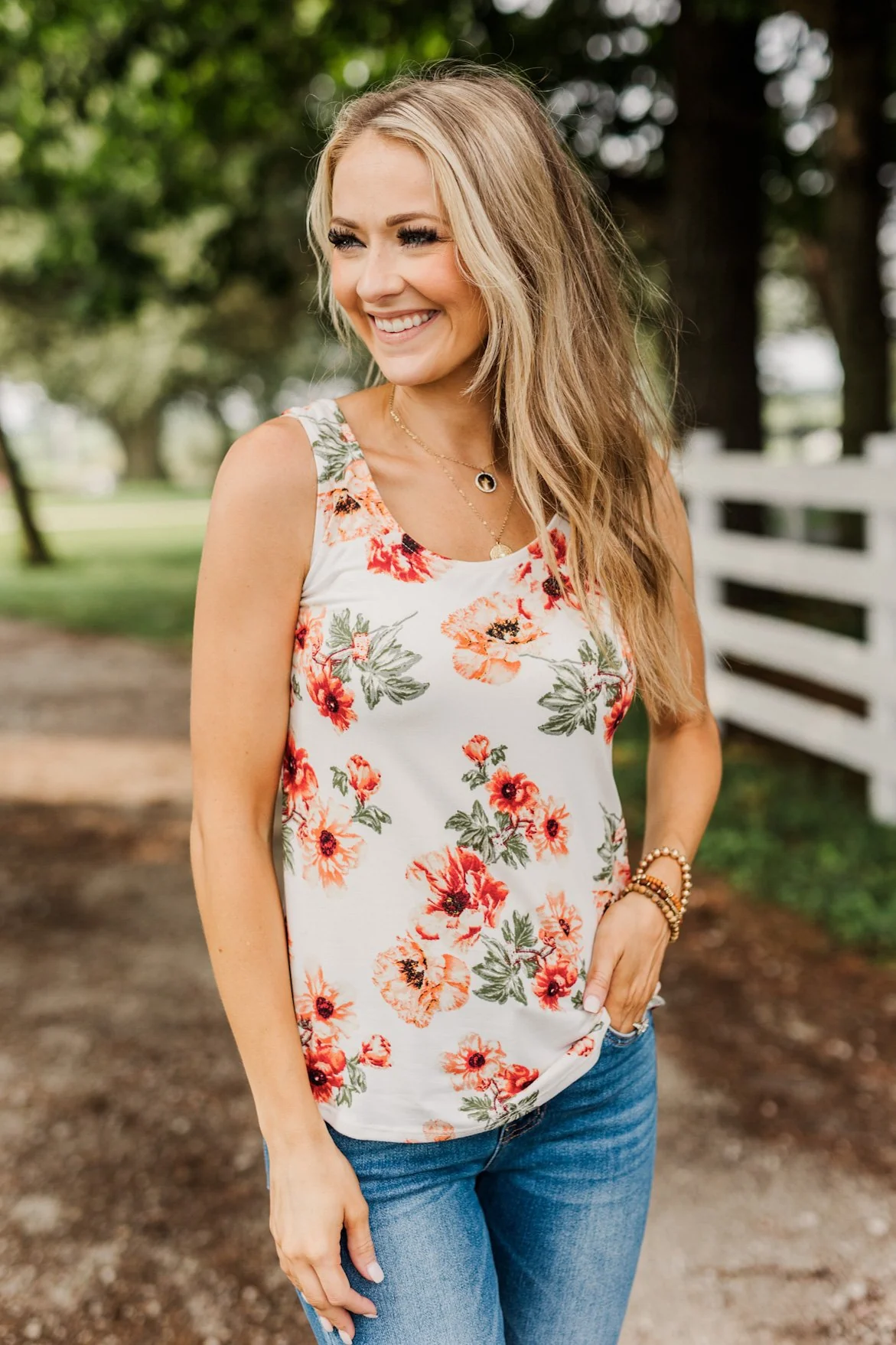 Sunshine & Good Vibes Floral Tank Top- Ivory, Rust, & Forest Green - Image 5