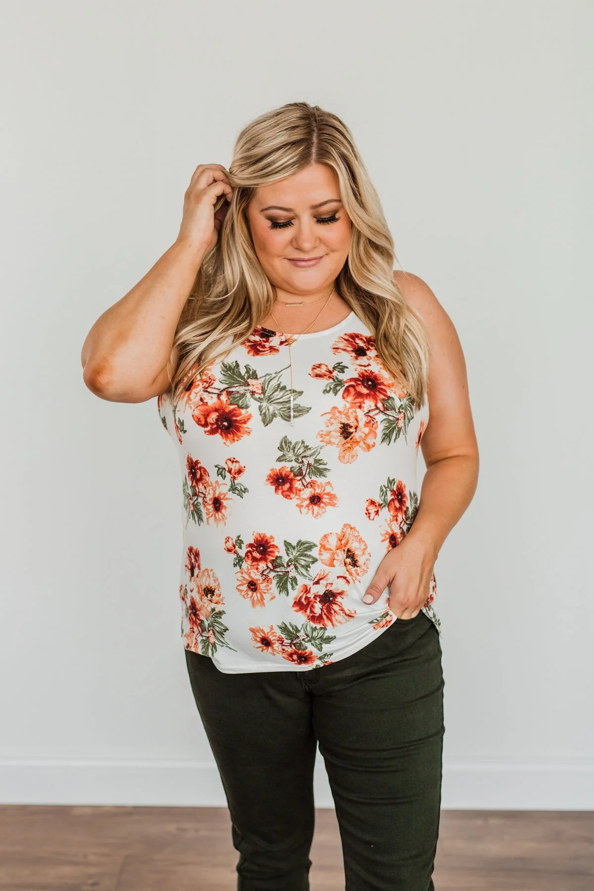 Sunshine & Good Vibes Floral Tank Top- Ivory, Rust, & Forest Green - Image 7