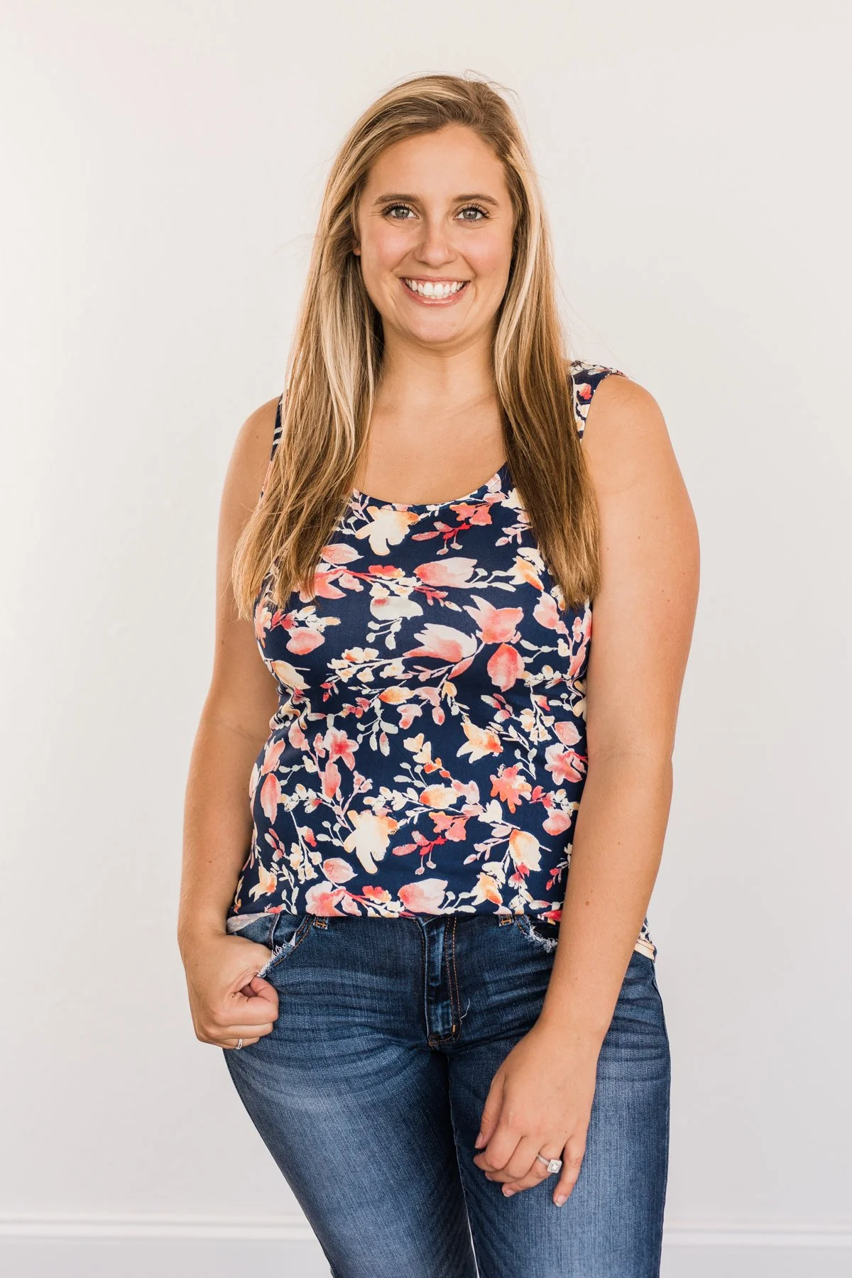 Sunshine & Good Vibes Floral Tank Top- Navy - Image 3