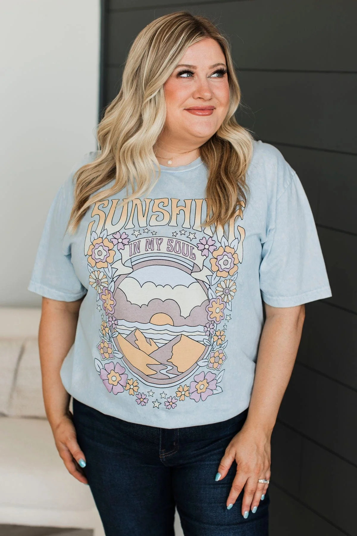 "Sunshine In My Soul" Graphic Tee- Light Blue - Image 2