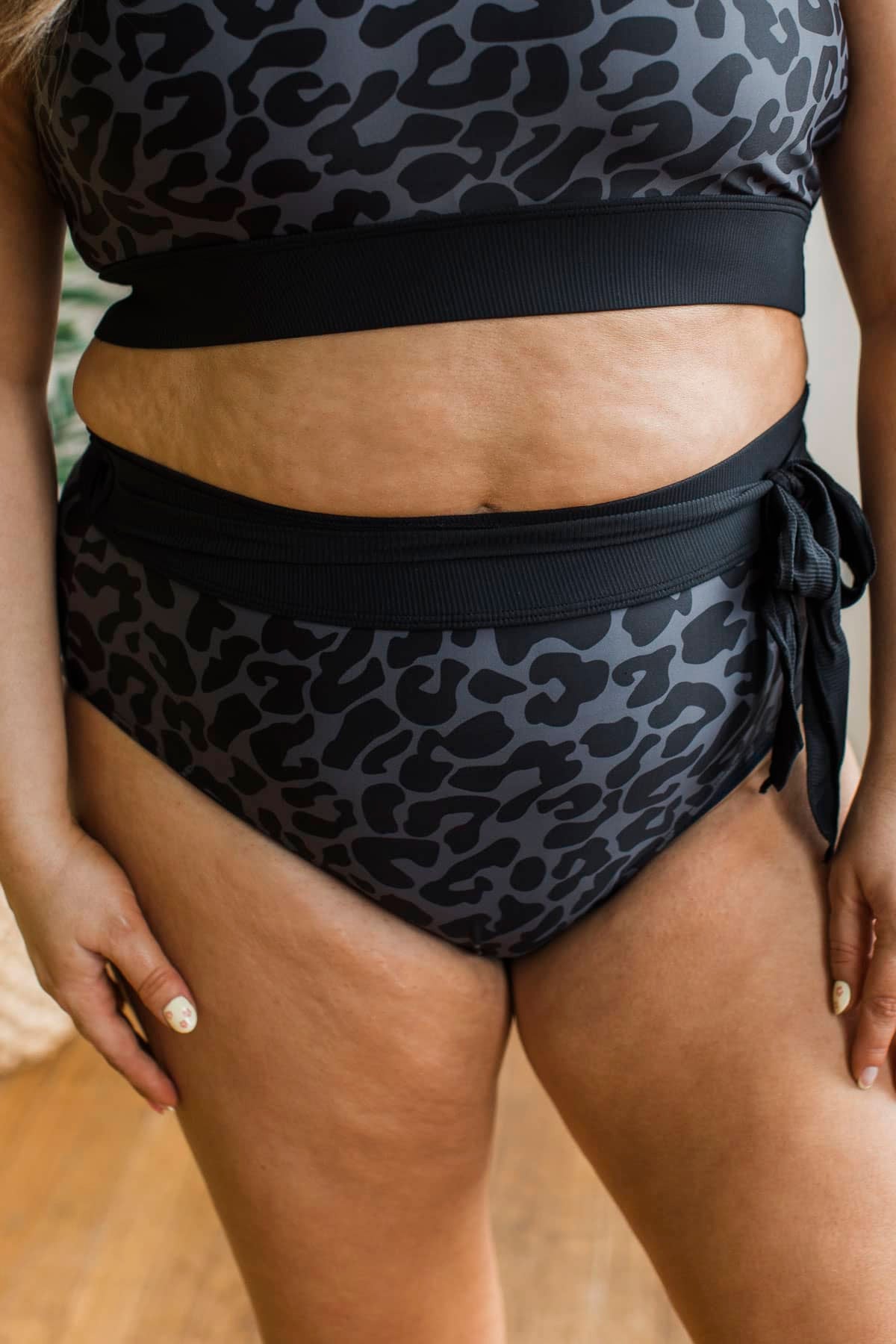 Sunshine Within Tie Bikini Swim Bottoms- Charcoal Leopard & Black - Image 4