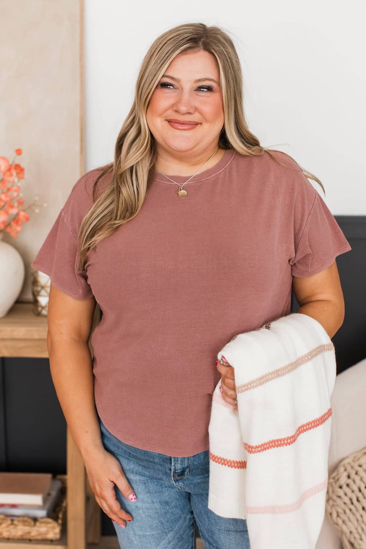 Super Passionate Short Sleeve Ribbed Top- Dusty Terracotta