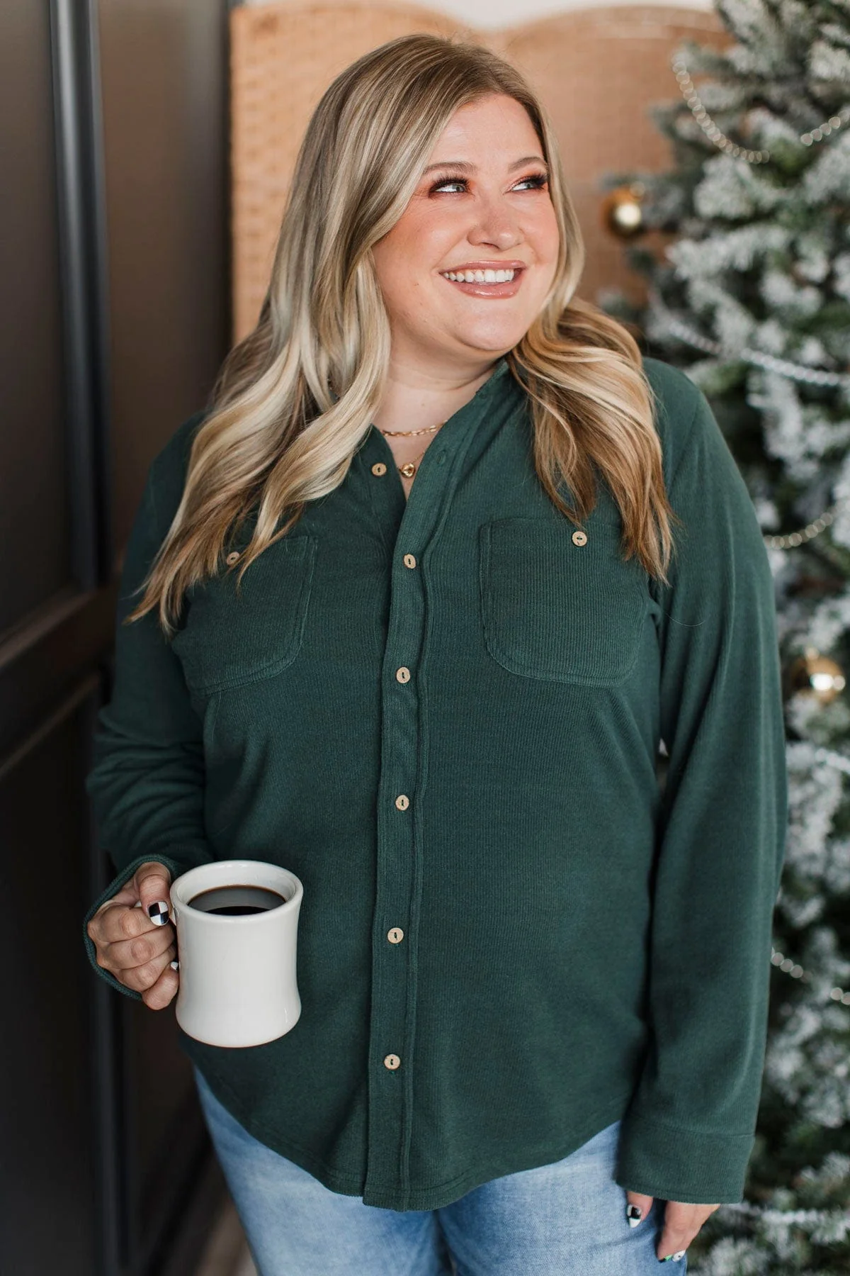 Sure To Adore Button Top- Forest Green - Image 2