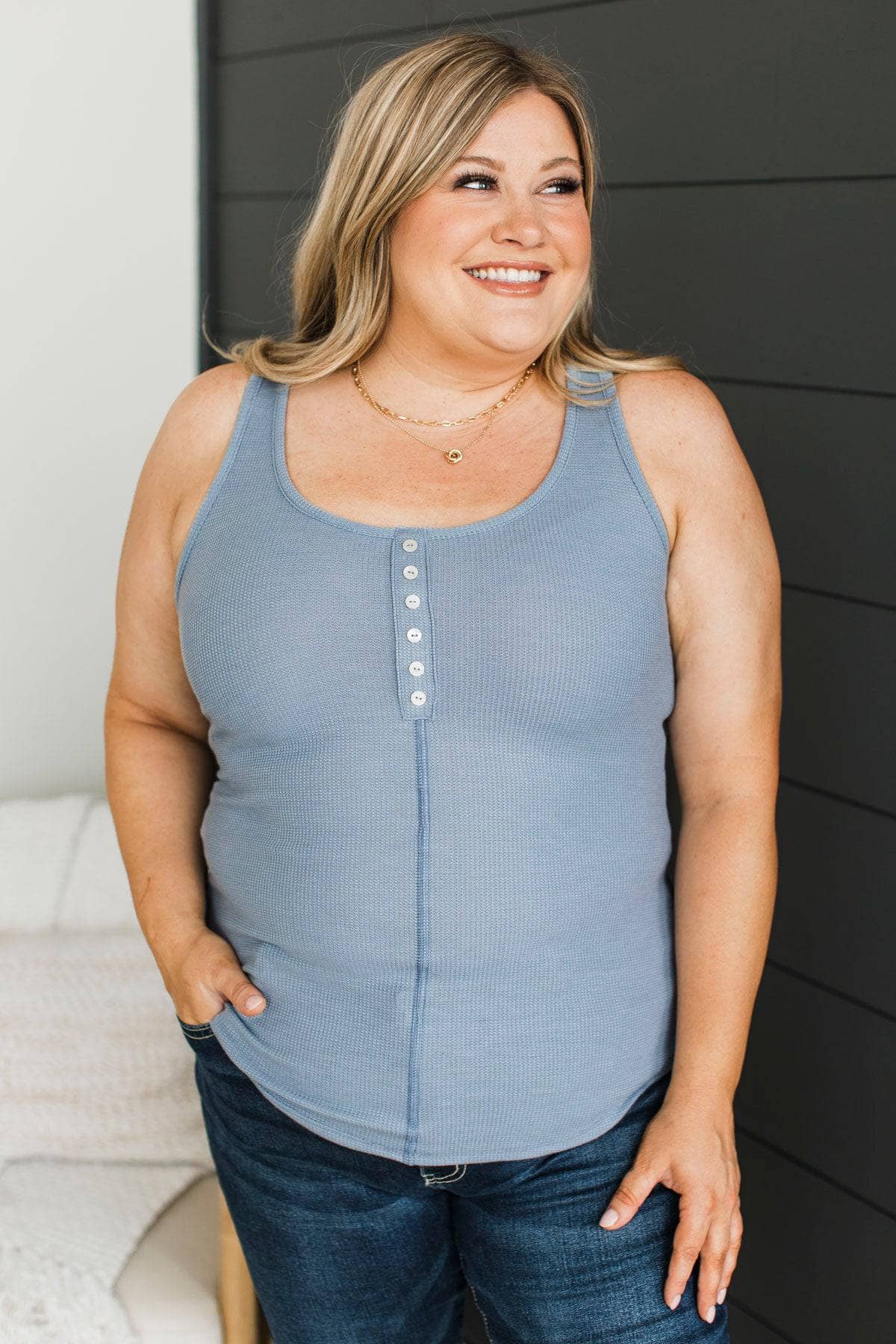 Surrounded By Love Knit Tank Top- Dusty Blue - Image 2