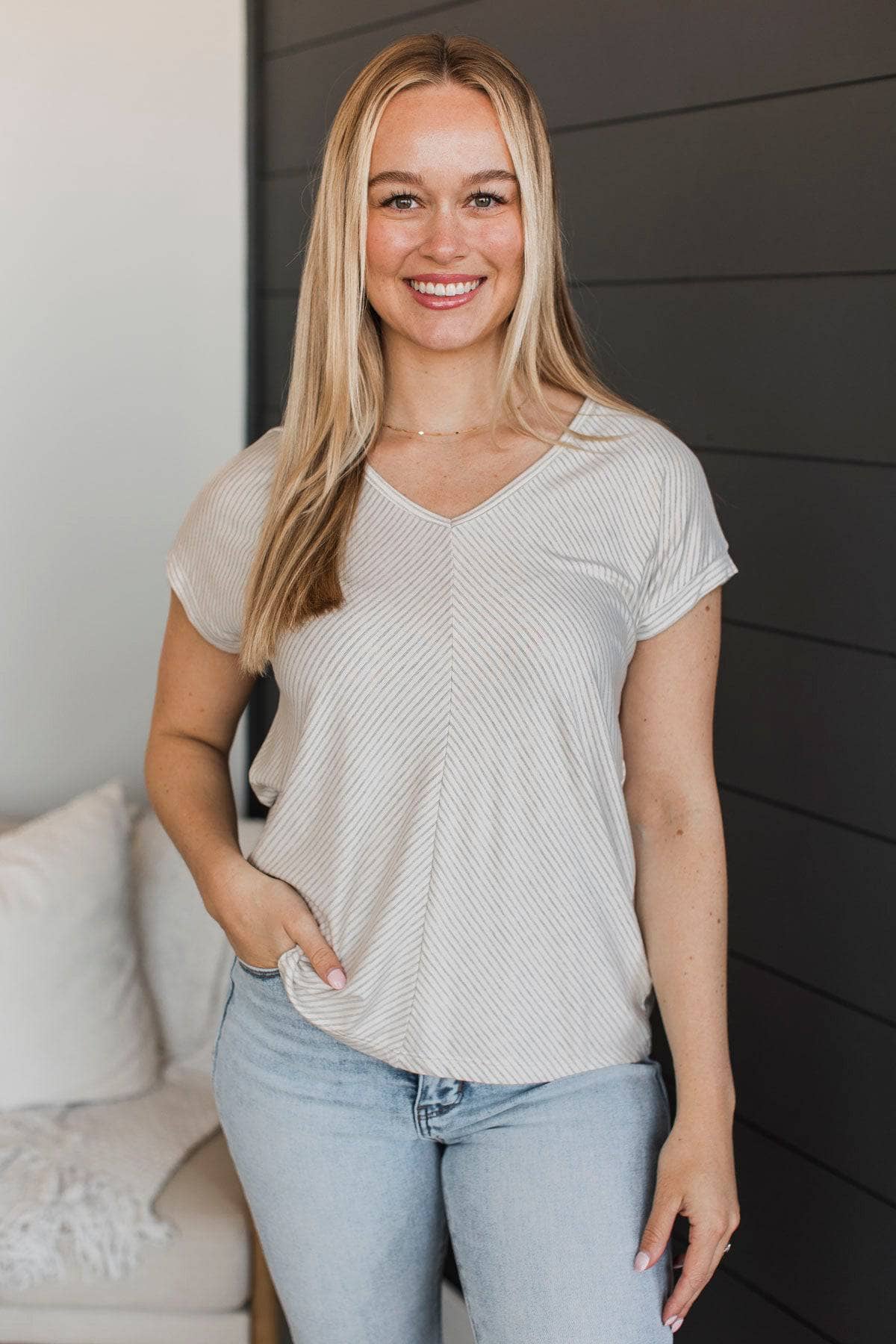 Swear My Love Striped V-Neck Top- Ivory & Grey - Image 3