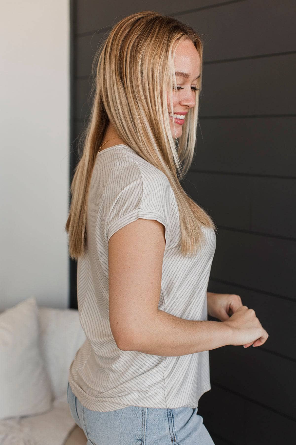 Swear My Love Striped V-Neck Top- Ivory & Grey - Image 5