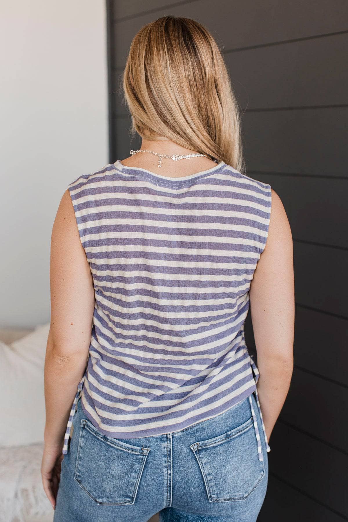 Swear To You Striped Tank Top- Ivory & Dark Periwinkle - Image 5