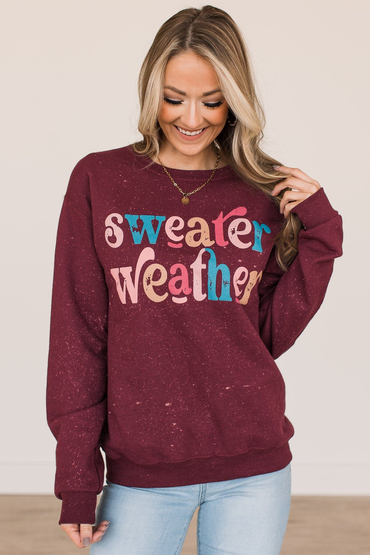 "Sweater Weather" Bleached Crew Neck- Burgundy