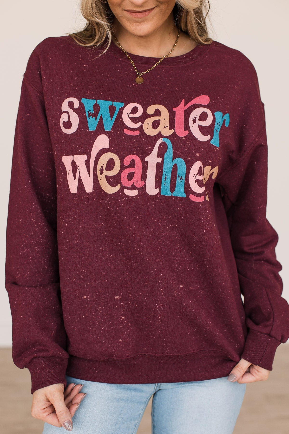 "Sweater Weather" Bleached Crew Neck- Burgundy - Image 3