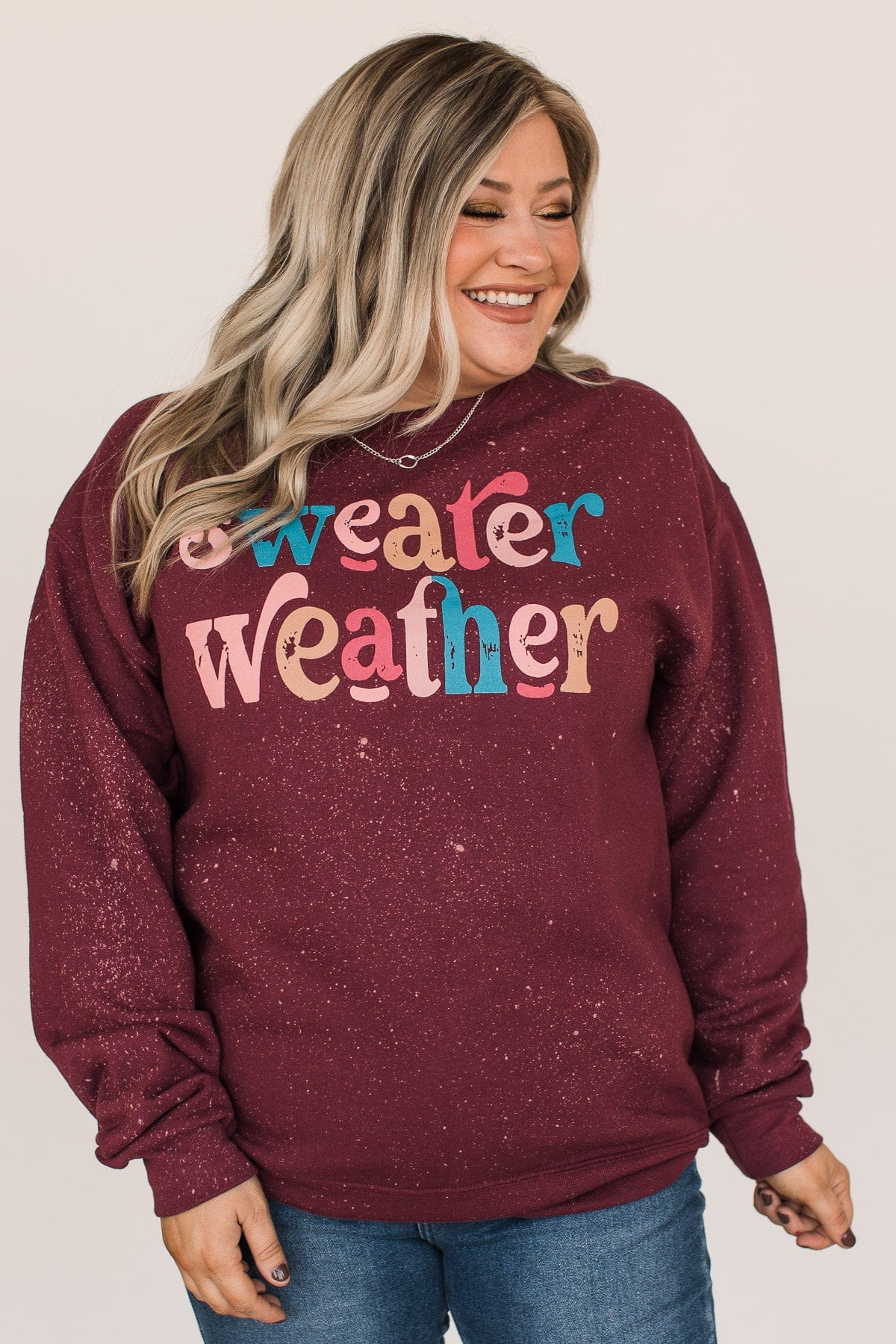 "Sweater Weather" Bleached Crew Neck- Burgundy - Image 4