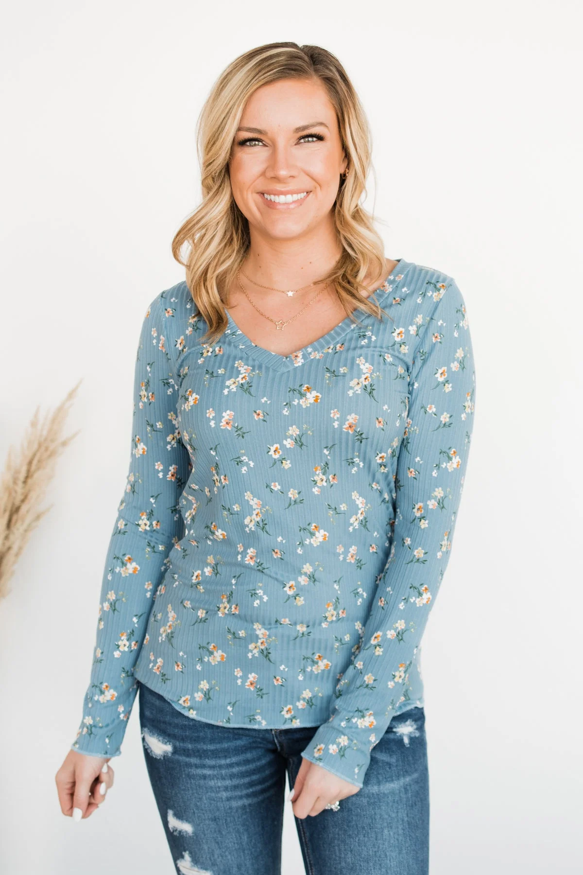 Sweet Aromas Floral Long Sleeve Top- Blue - Image 2