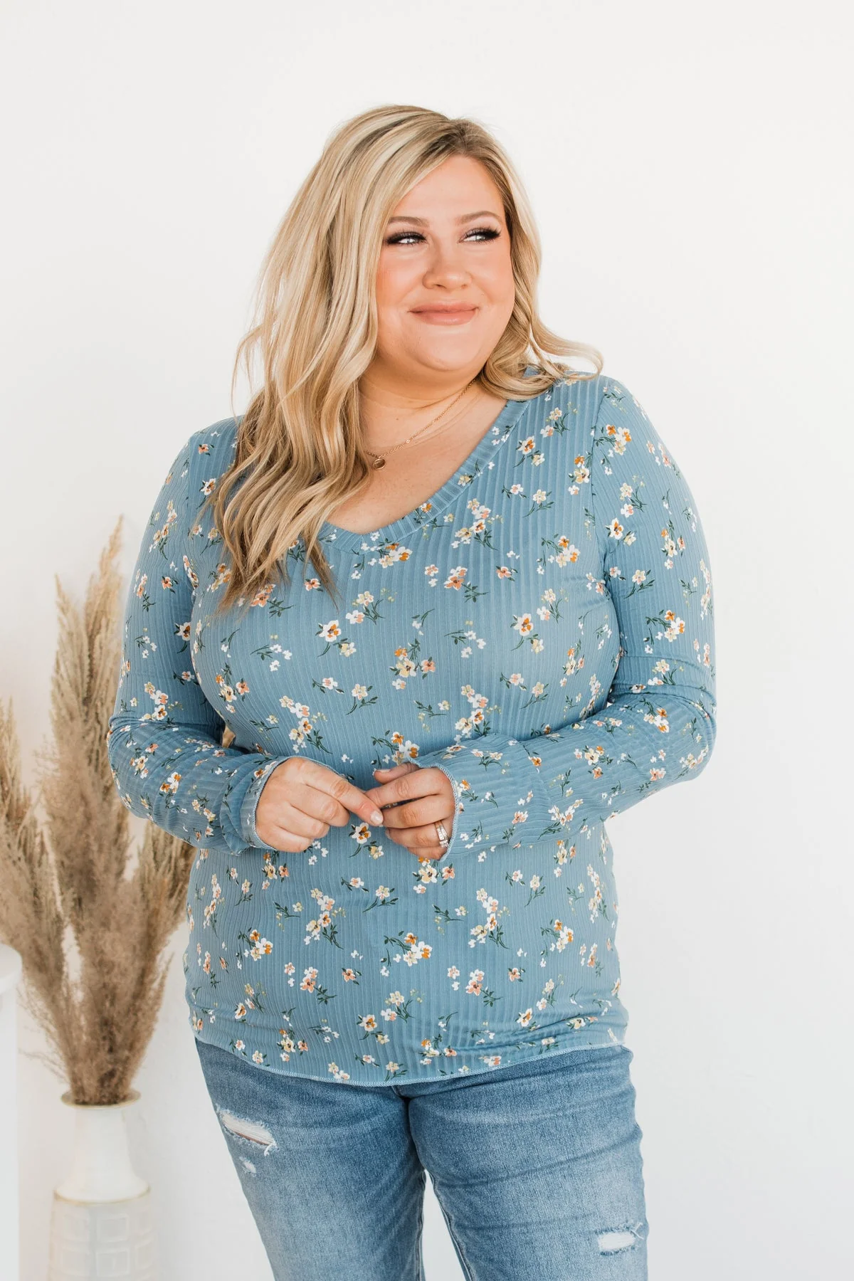 Sweet Aromas Floral Long Sleeve Top- Blue - Image 5