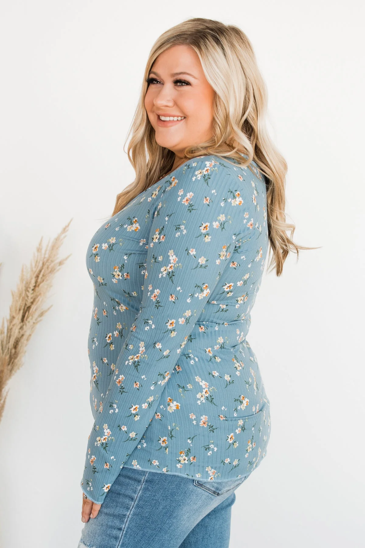 Sweet Aromas Floral Long Sleeve Top- Blue - Image 7