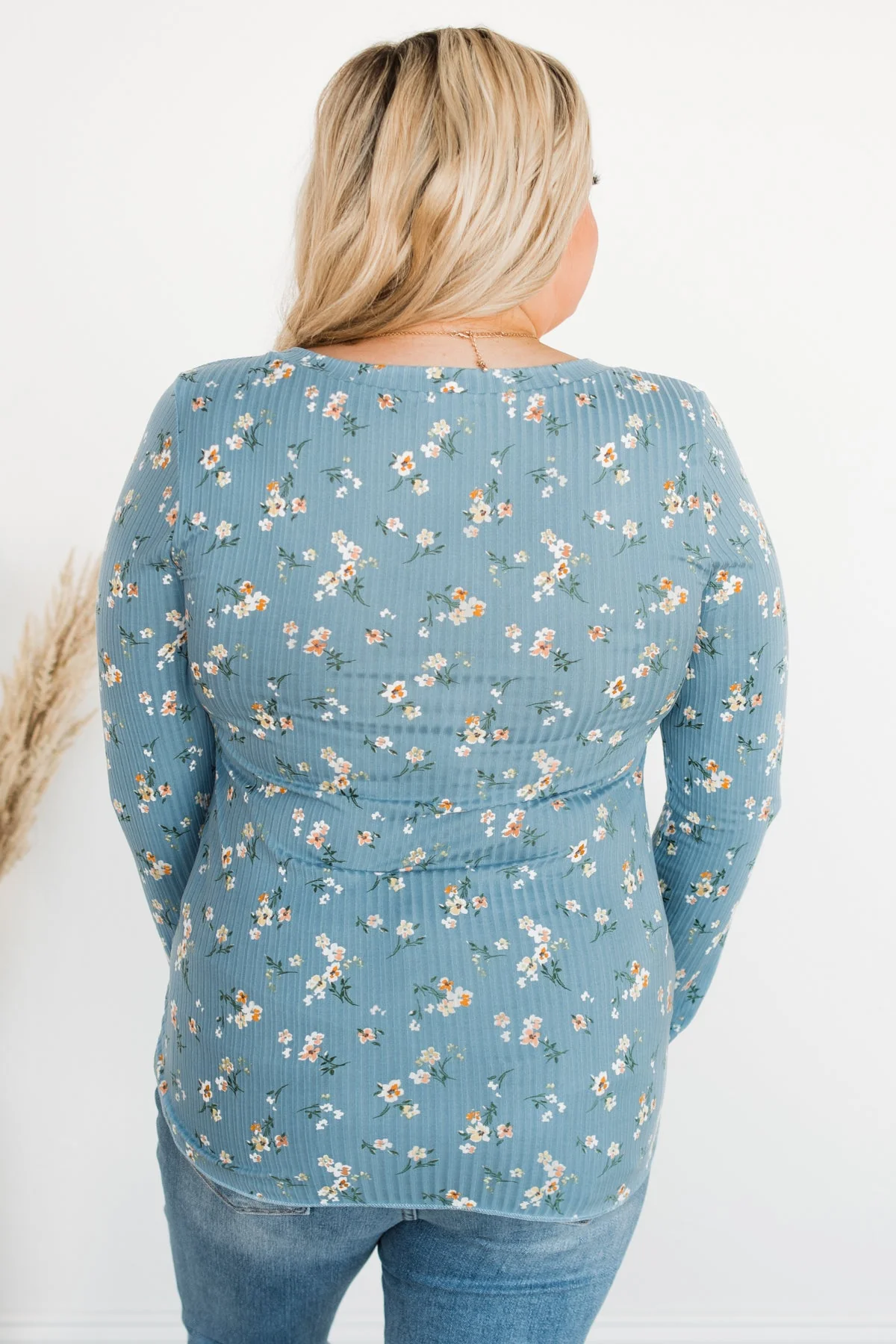 Sweet Aromas Floral Long Sleeve Top- Blue - Image 9