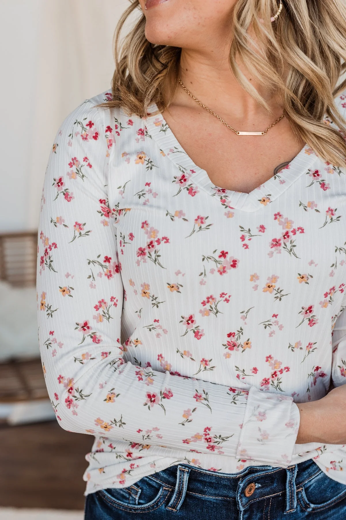 Sweet Aromas Floral Long Sleeve Top- Ivory - Image 3