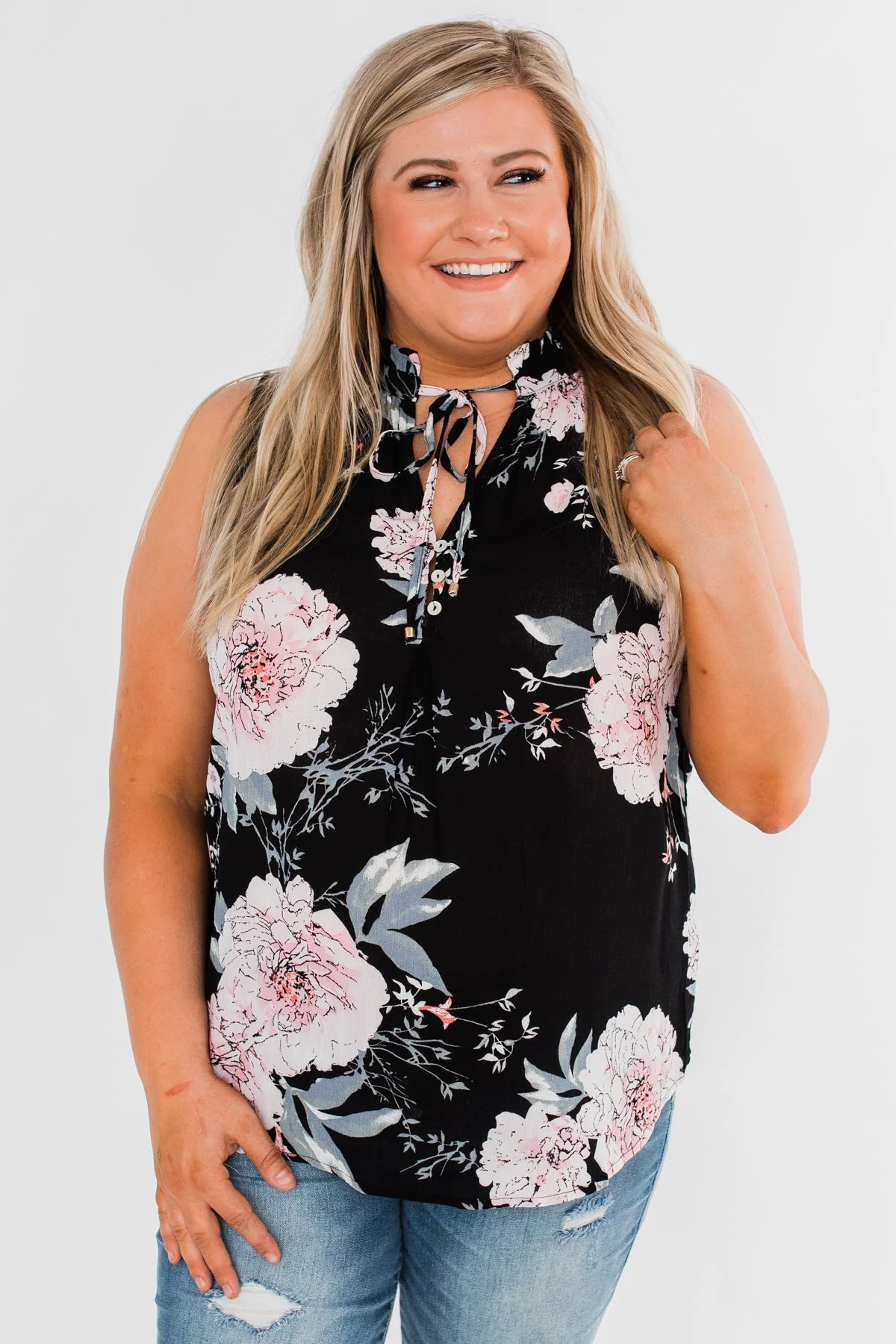 Sweet As Can Be Floral Tie Tank Top- Black - Image 8
