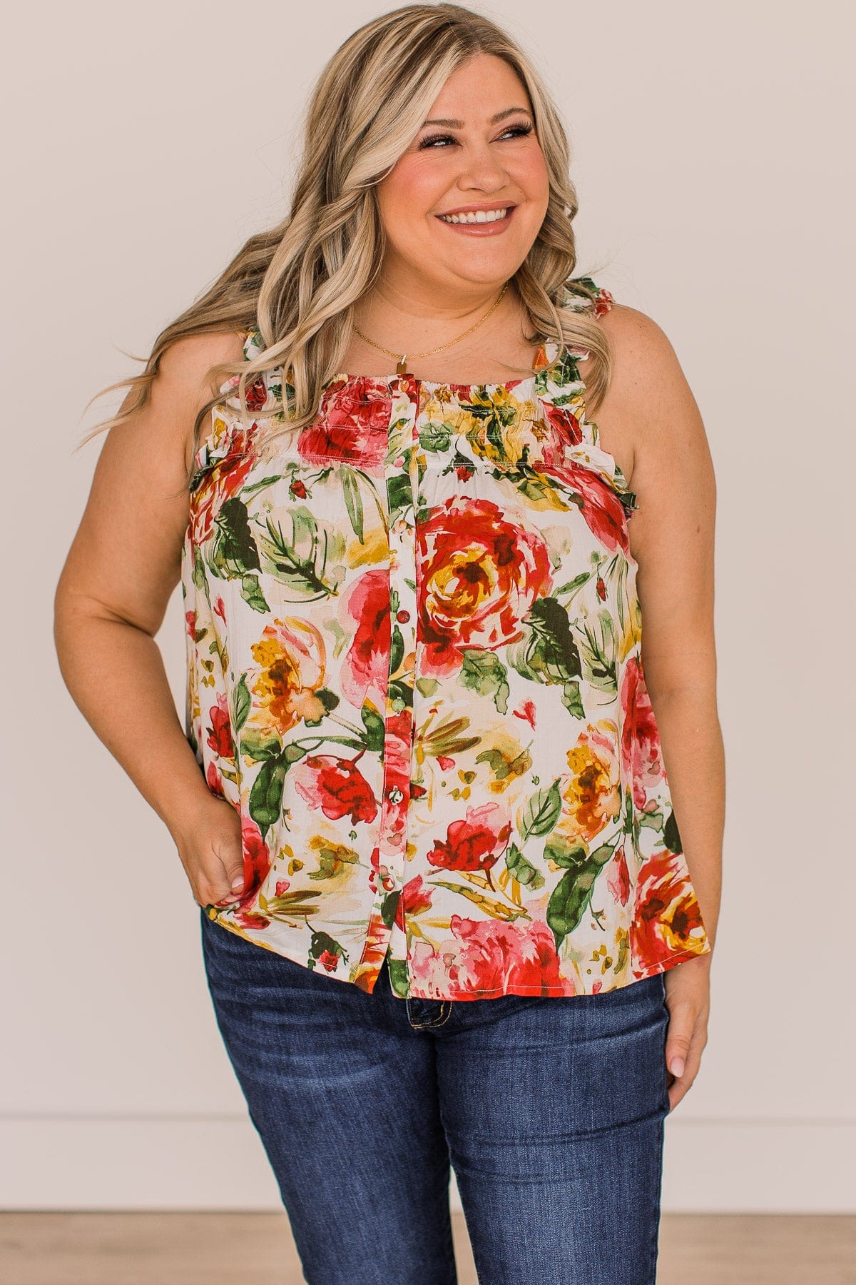 Sweet As Spring Floral Tank Top- Ivory & Pink - Image 2
