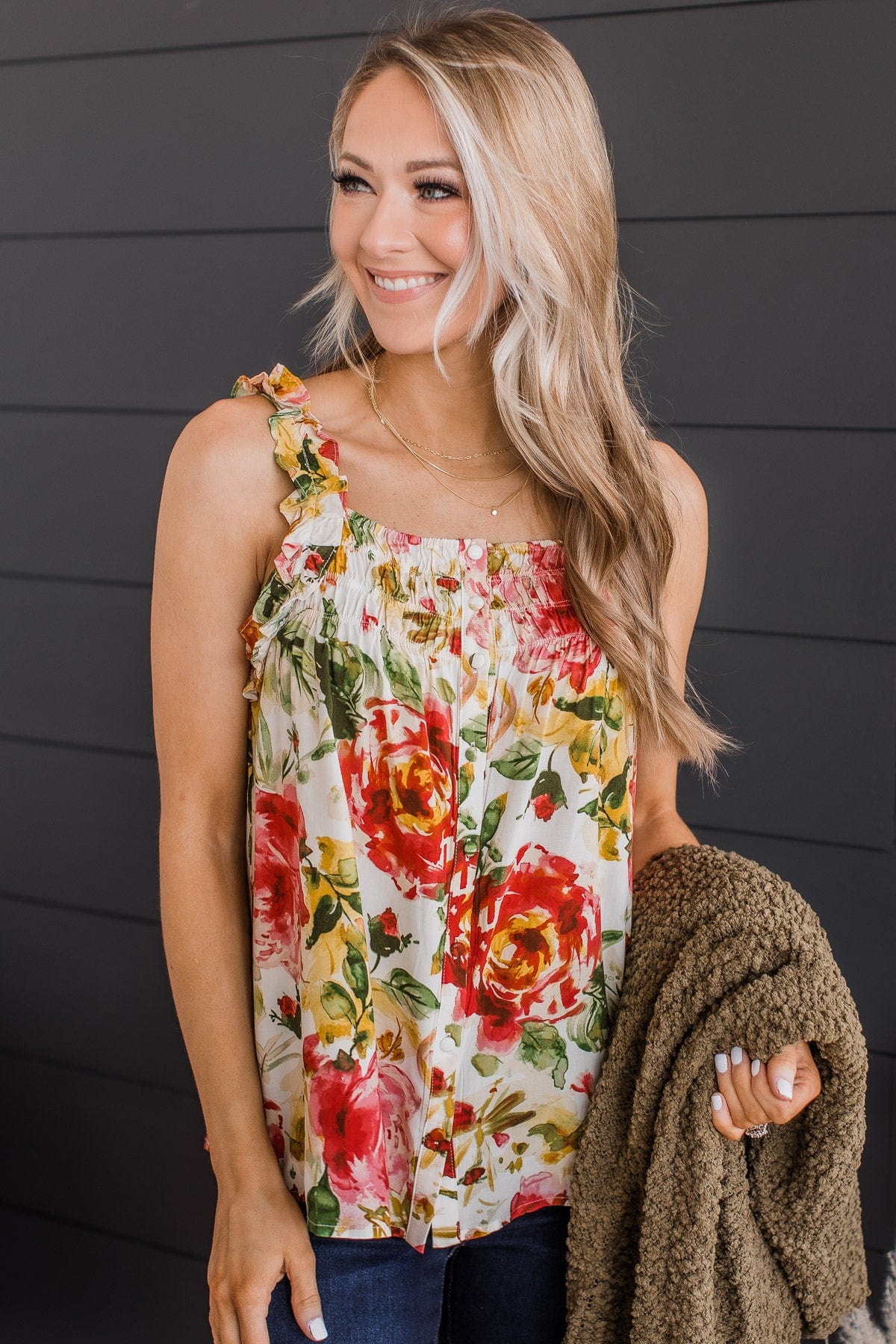 Sweet As Spring Floral Tank Top- Ivory & Pink - Image 3