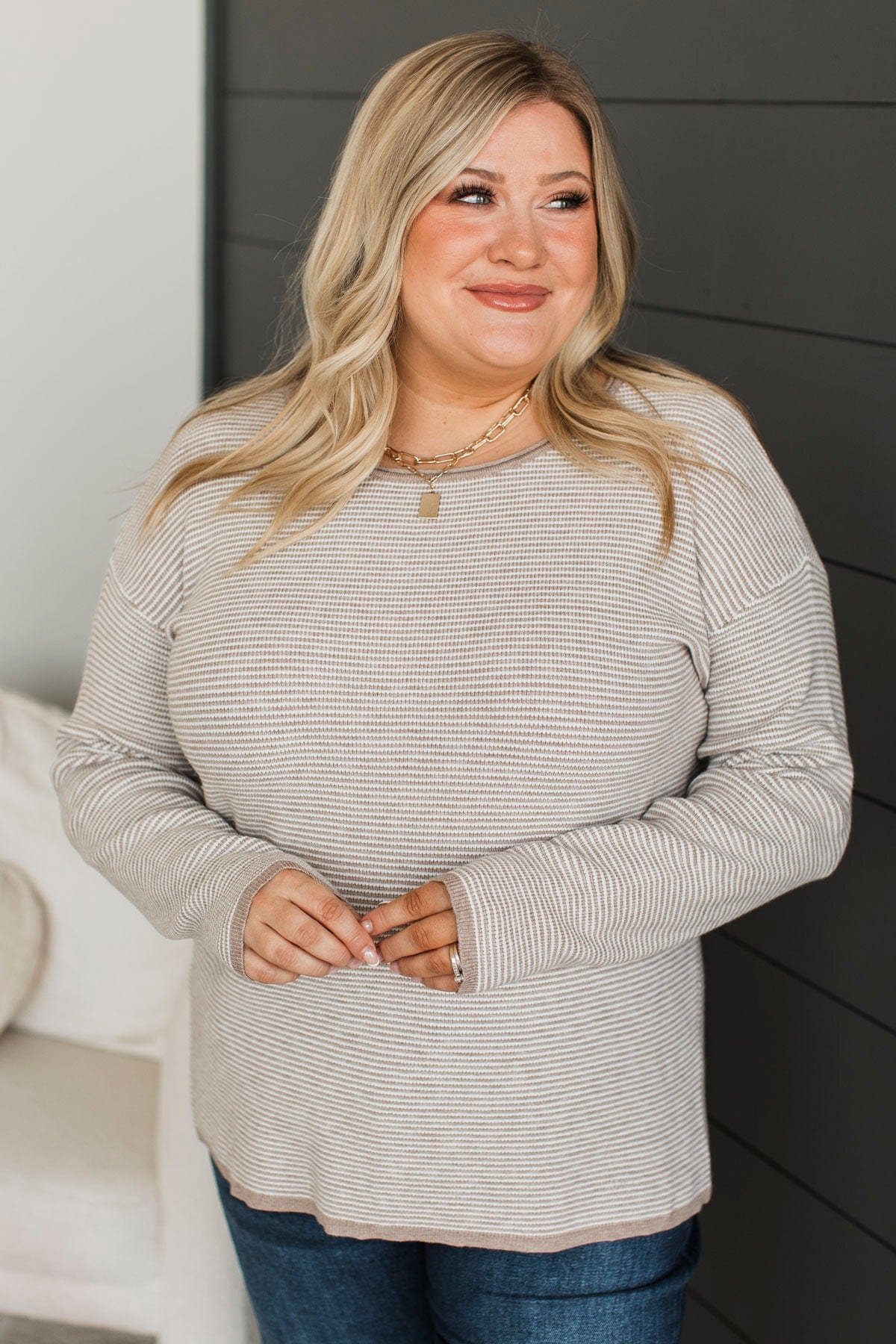 Sweet At Heart Striped Knit Sweater- Stone - Image 2