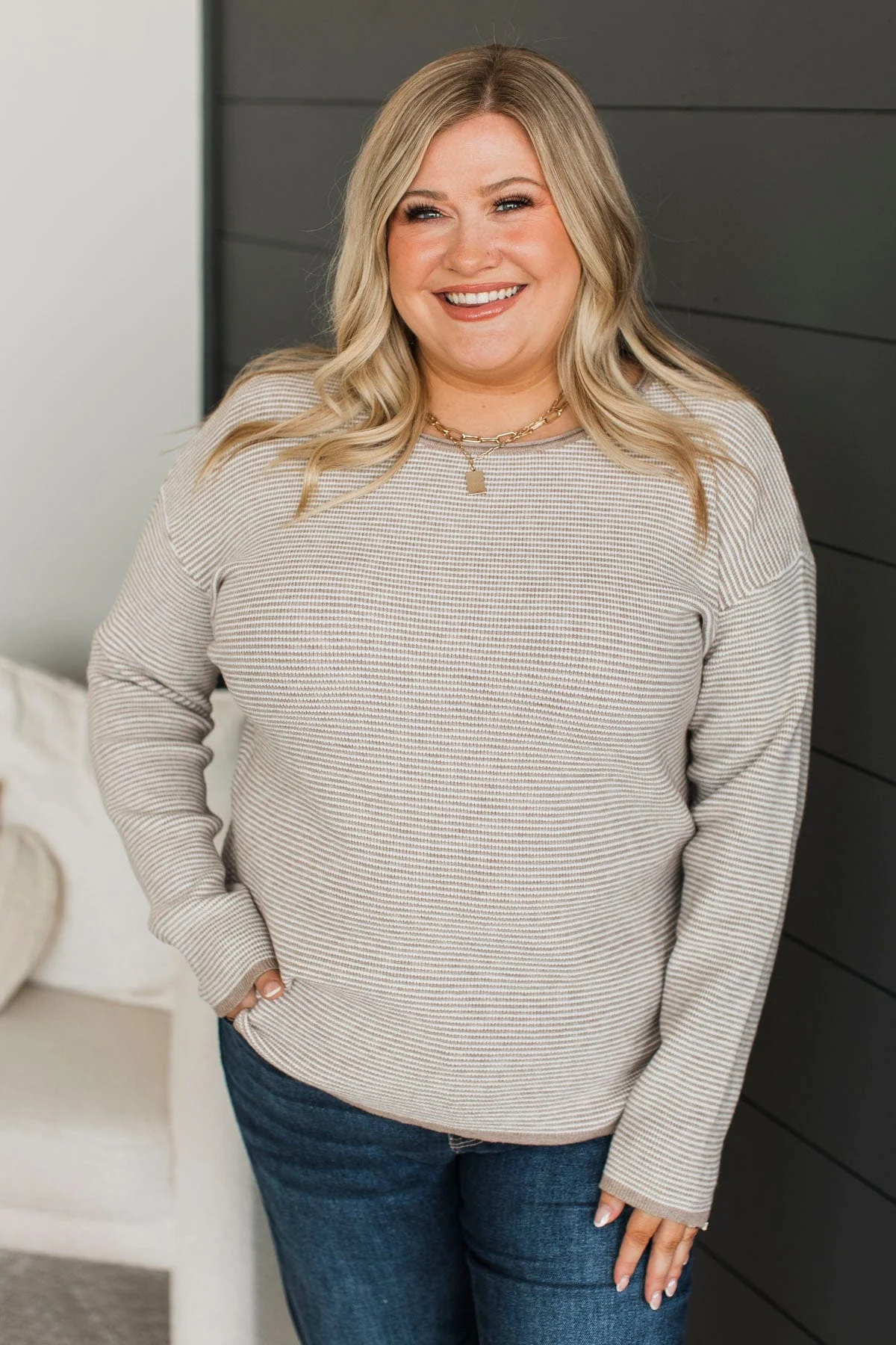 Sweet At Heart Striped Knit Sweater- Stone - Image 4