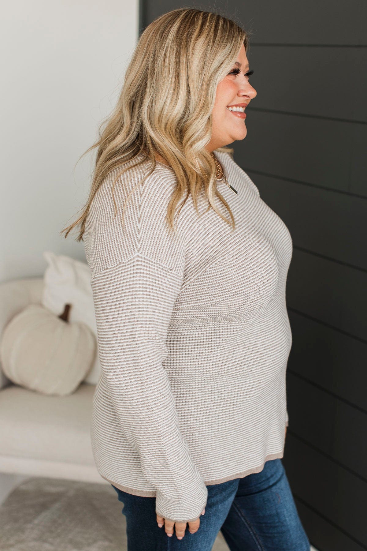 Sweet At Heart Striped Knit Sweater- Stone - Image 5