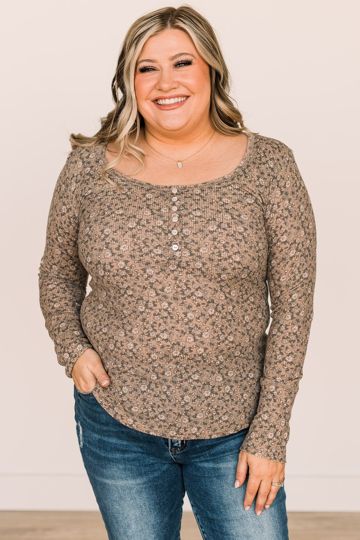 Sweet Beginnings Floral Henley Top- Taupe - Image 4