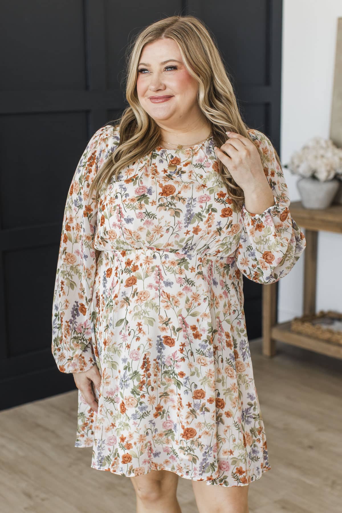 Sweet Blooms Long Sleeve Floral Mini Dress- Ivory Multi