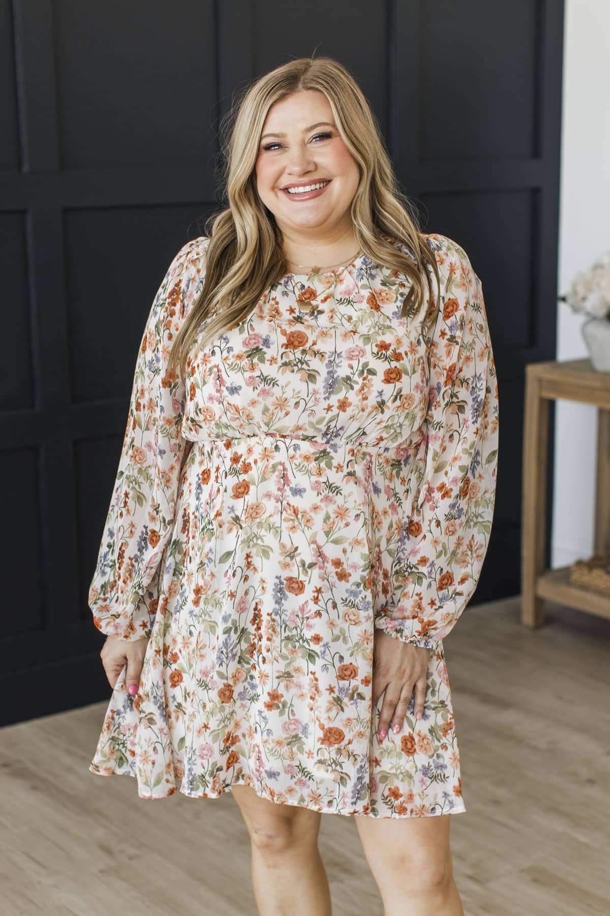Sweet Blooms Long Sleeve Floral Mini Dress- Ivory Multi - Image 3