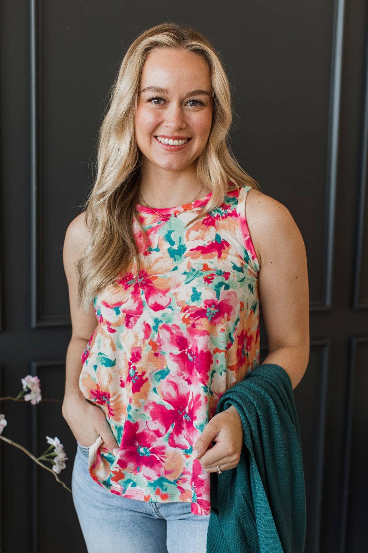 Sweet Colors Floral Tank Top- Hot Pink & Mint