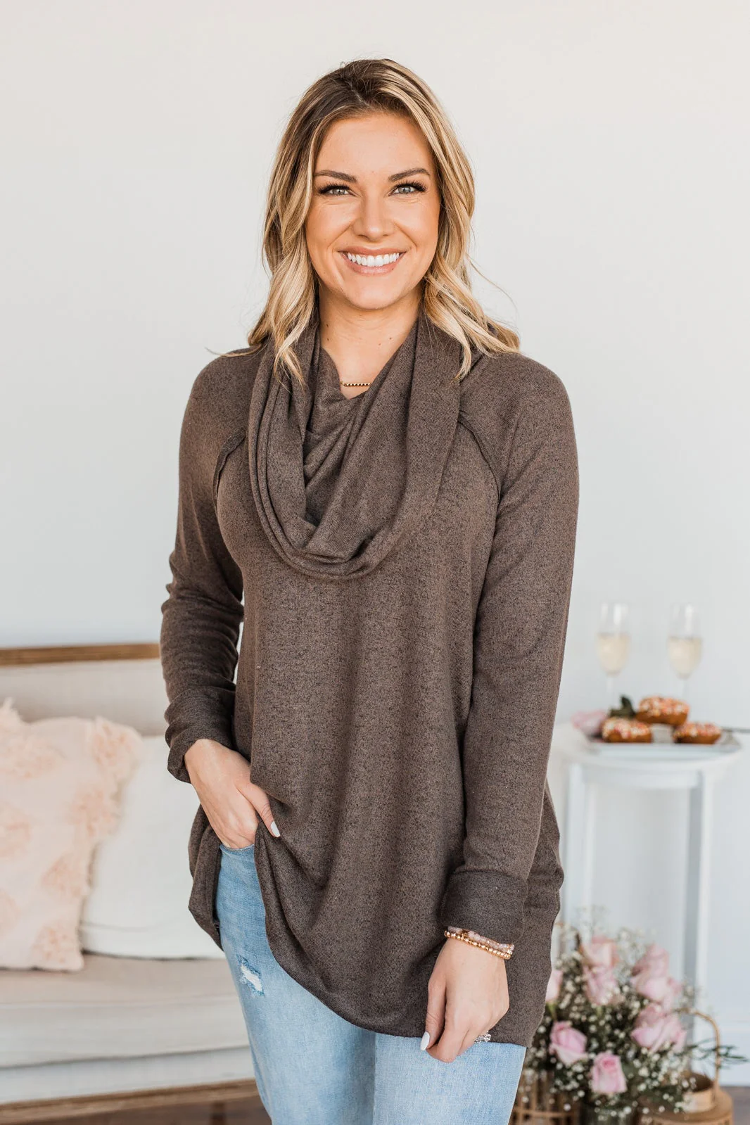 Sweet Delights Cowl Neck Tunic Top- Mocha - Image 2