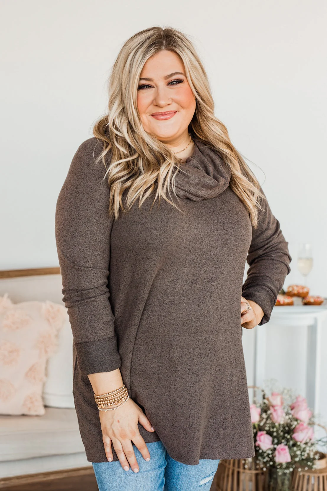 Sweet Delights Cowl Neck Tunic Top- Mocha - Image 3