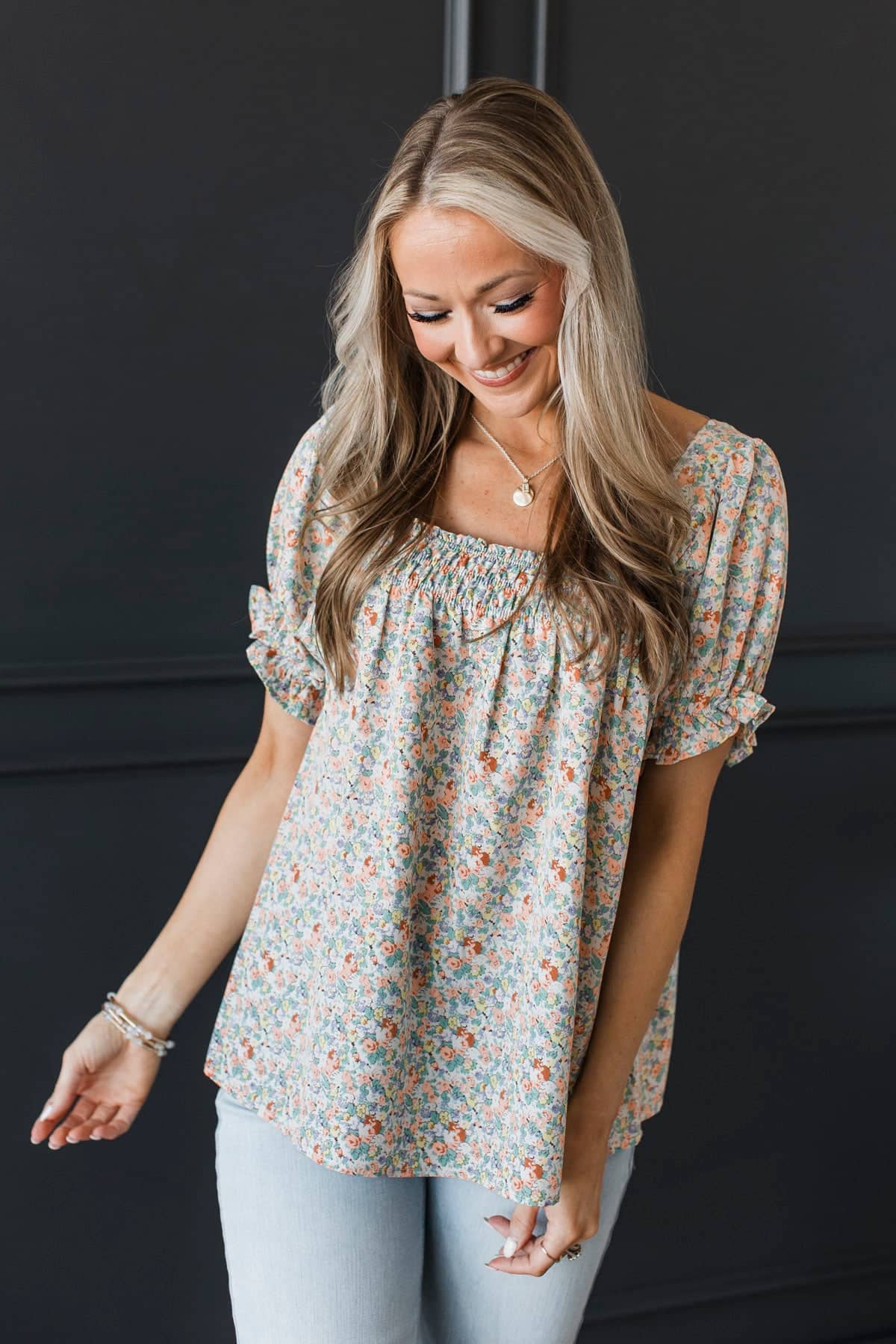 Sweet Emotions Puff Sleeve Floral Top- Off-White, Coral, & Yellow
