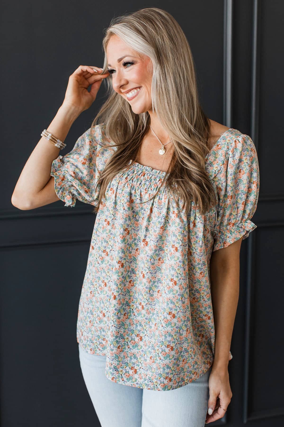 Sweet Emotions Puff Sleeve Floral Top- Off-White, Coral, & Yellow - Image 3