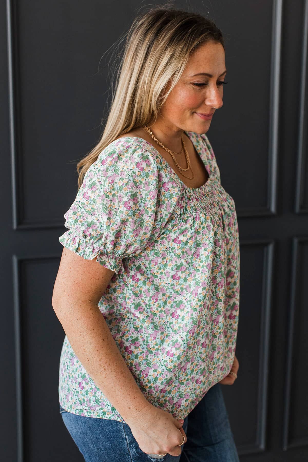 Sweet Emotions Puff Sleeve Floral Top- Off-White, Pink, & Green - Image 2