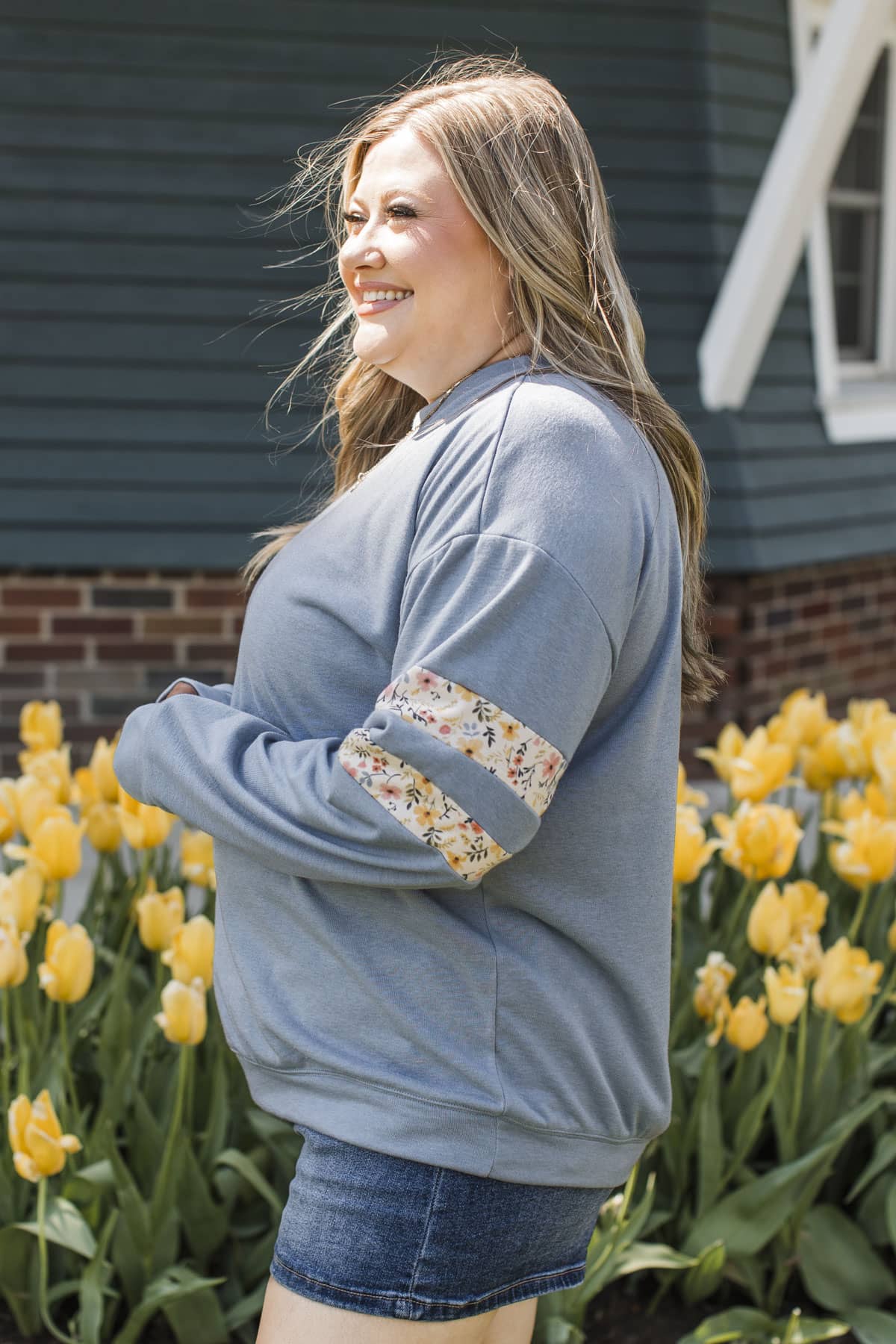 Sweet Escape Varsity Stripe Pullover Top- Denim Blue - Image 5