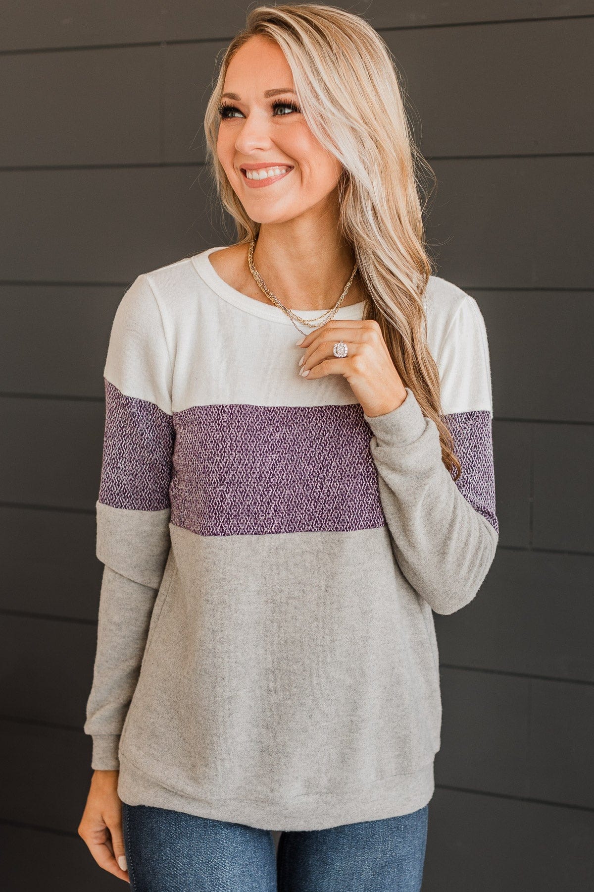 Sweet Gestures Color Block Top- Plum & Grey - Image 2