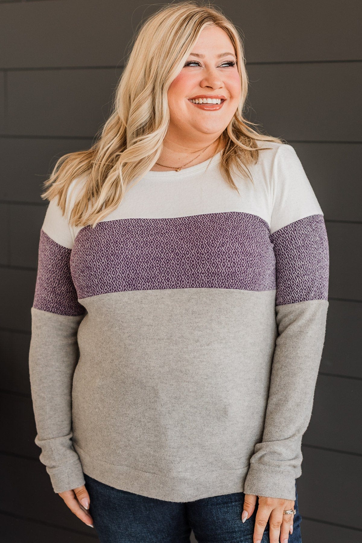 Sweet Gestures Color Block Top- Plum & Grey - Image 3