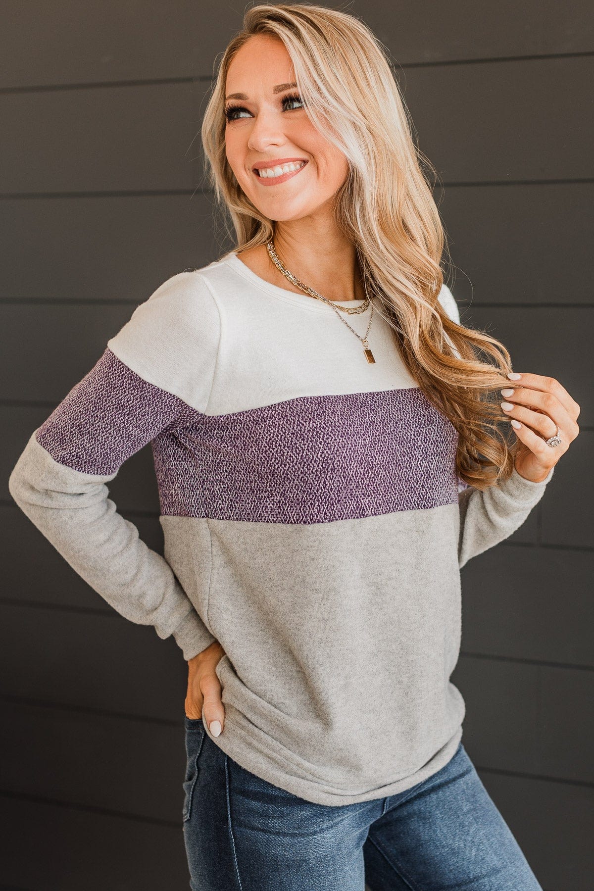 Sweet Gestures Color Block Top- Plum & Grey - Image 4
