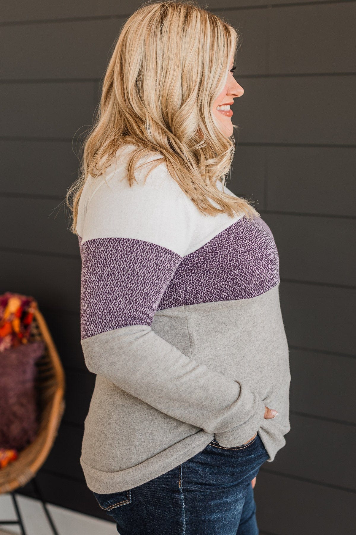 Sweet Gestures Color Block Top- Plum & Grey - Image 5