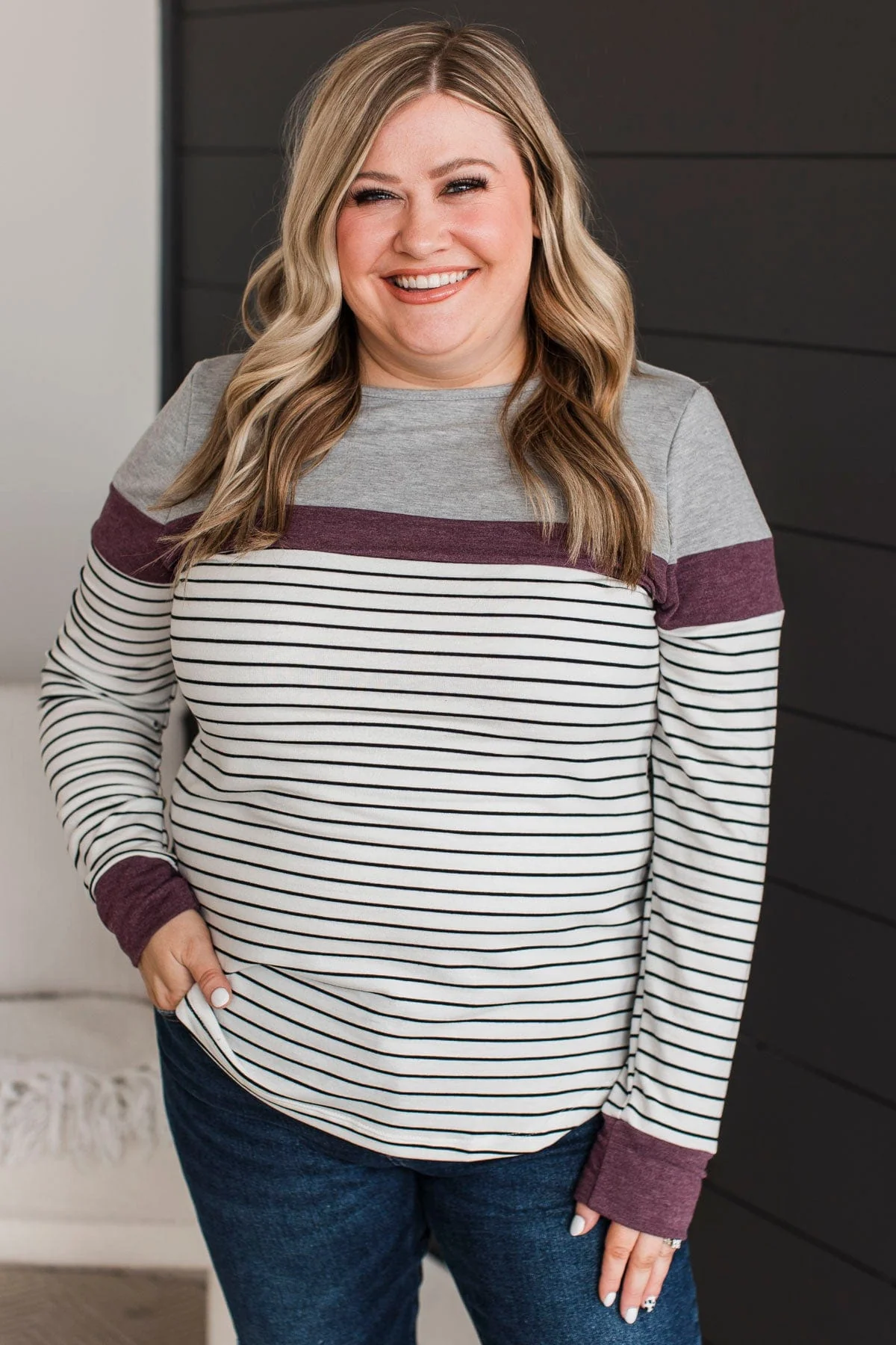 Sweet In Stripes Color Block Top- Ivory & Plum - Image 11