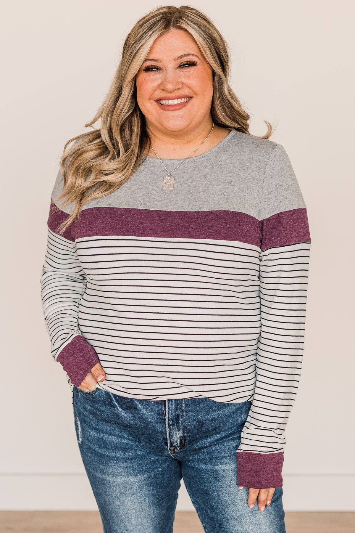 Sweet In Stripes Color Block Top- Ivory & Plum - Image 2