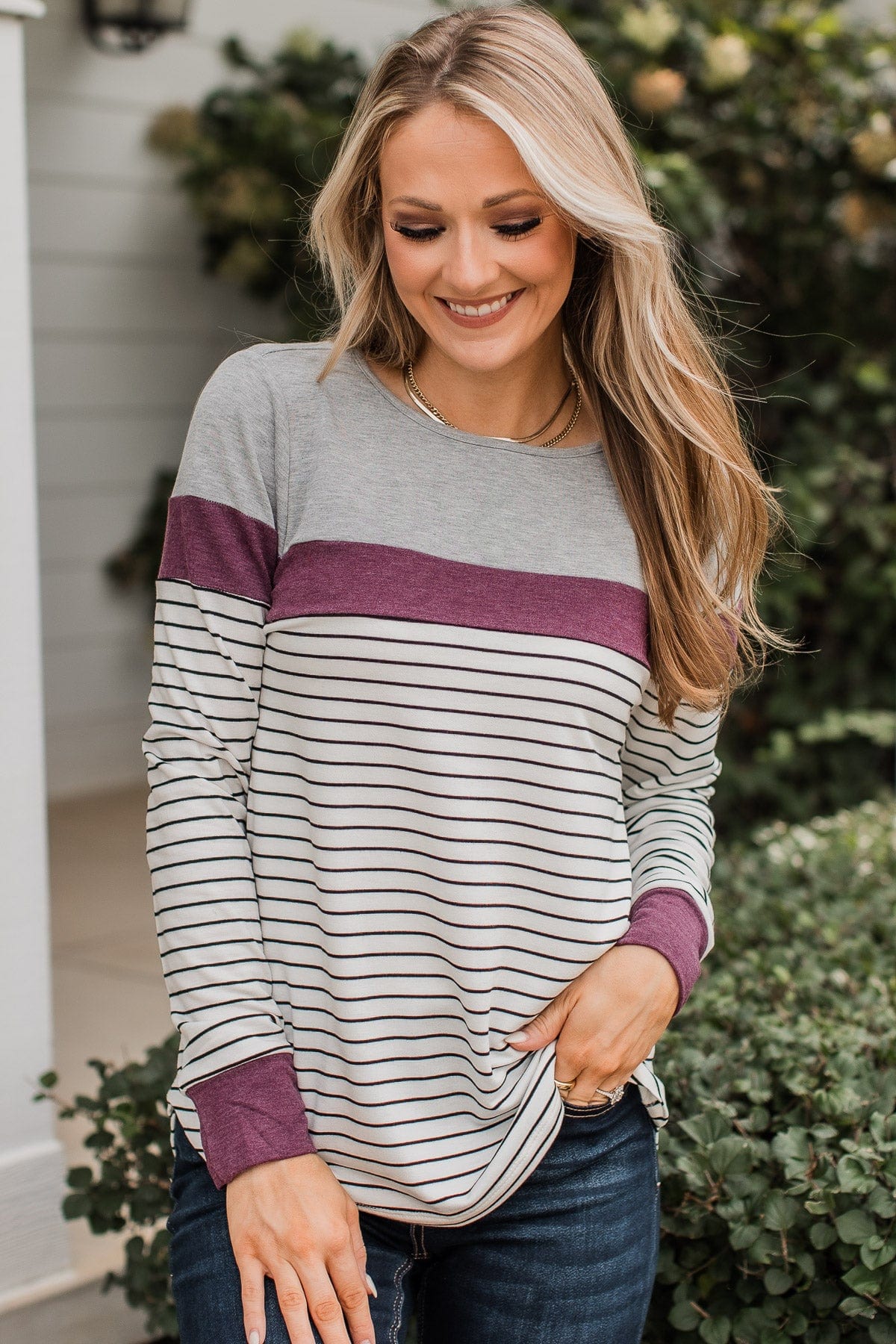 Sweet In Stripes Color Block Top- Ivory & Plum - Image 3