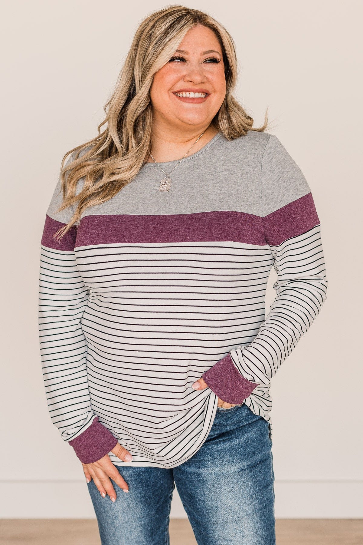 Sweet In Stripes Color Block Top- Ivory & Plum - Image 4