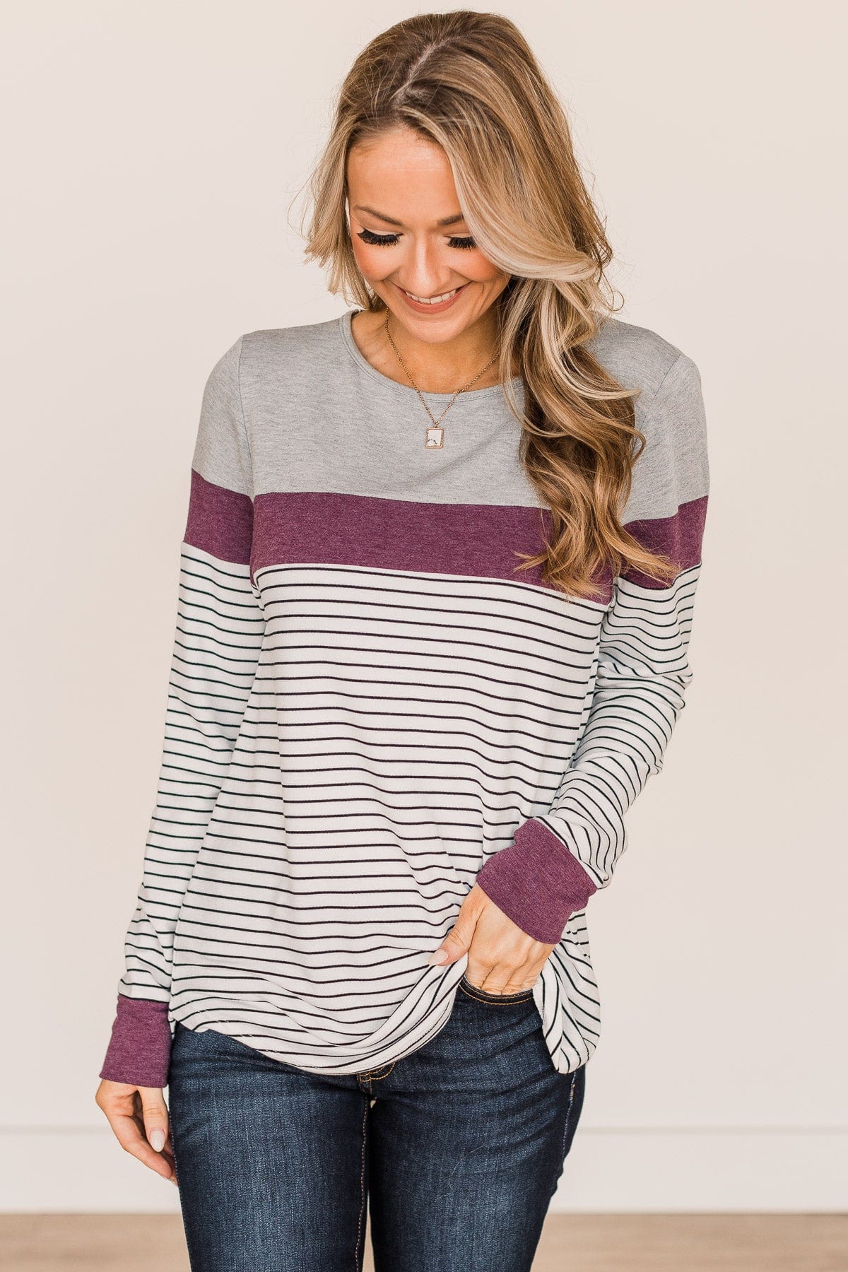 Sweet In Stripes Color Block Top- Ivory & Plum - Image 5