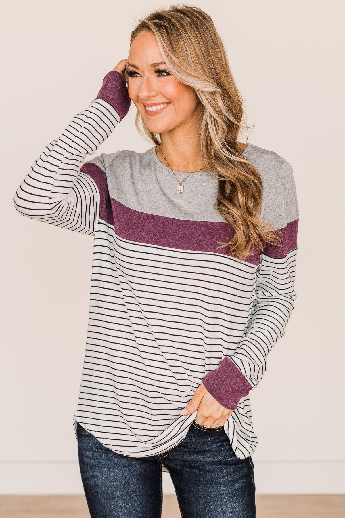 Sweet In Stripes Color Block Top- Ivory & Plum - Image 6