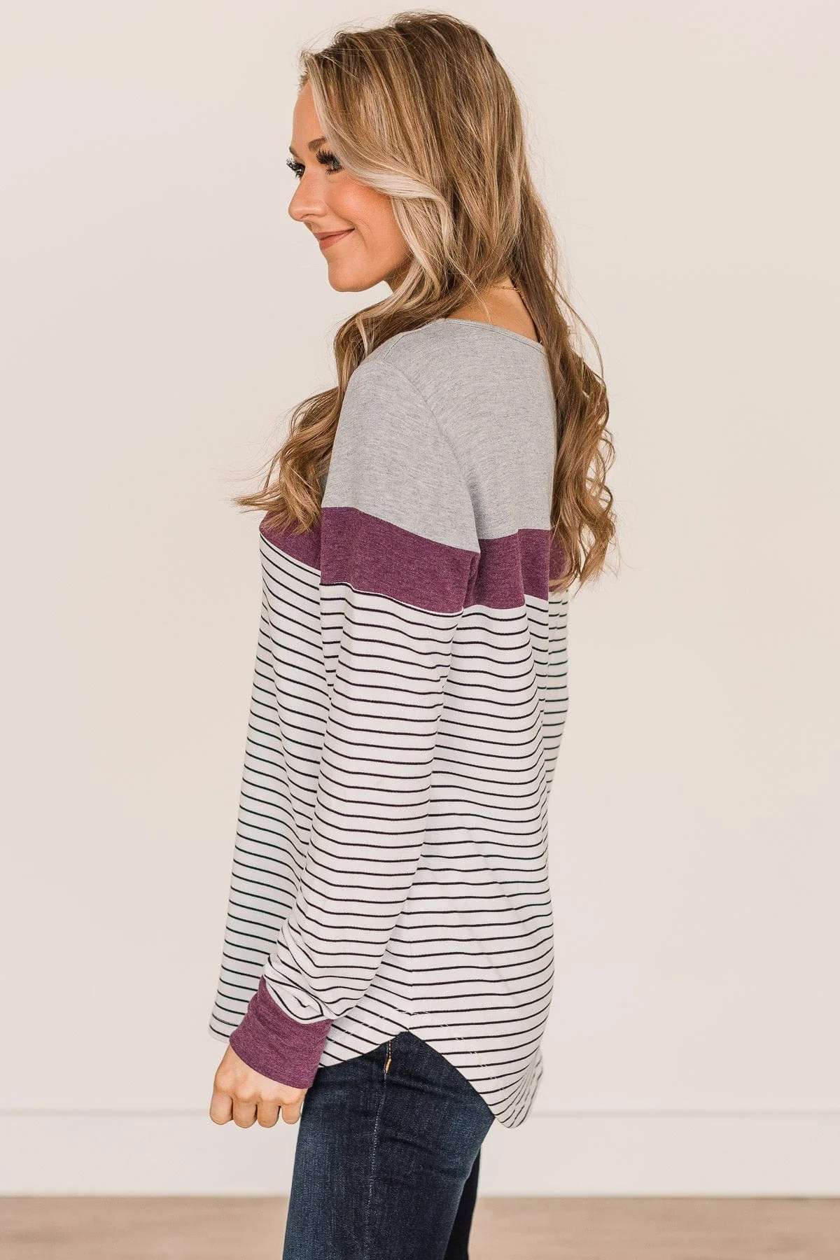 Sweet In Stripes Color Block Top- Ivory & Plum - Image 7