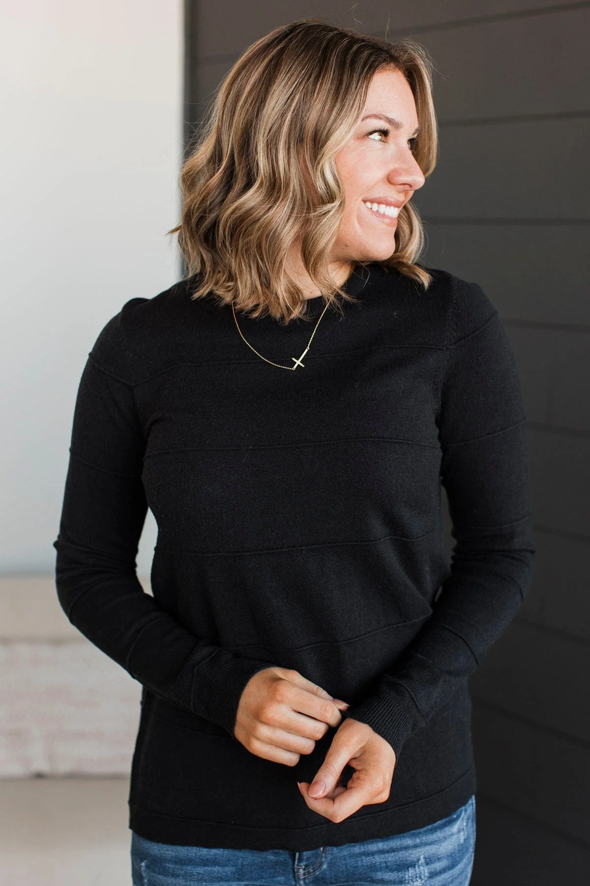 Sweet Kisses Striped Knit Sweater- Black - Image 2