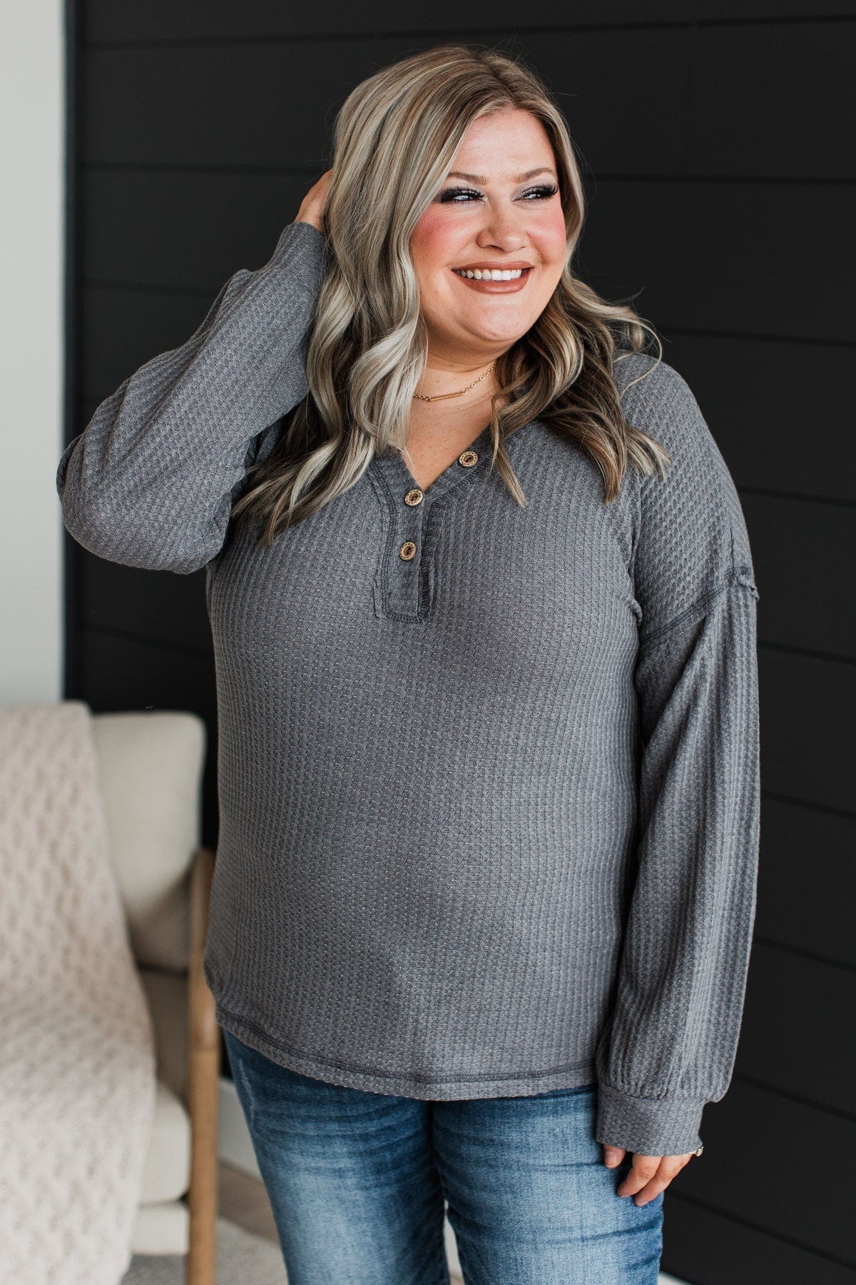 Sweet Nothings Waffle Knit Top- Charcoal - Image 3