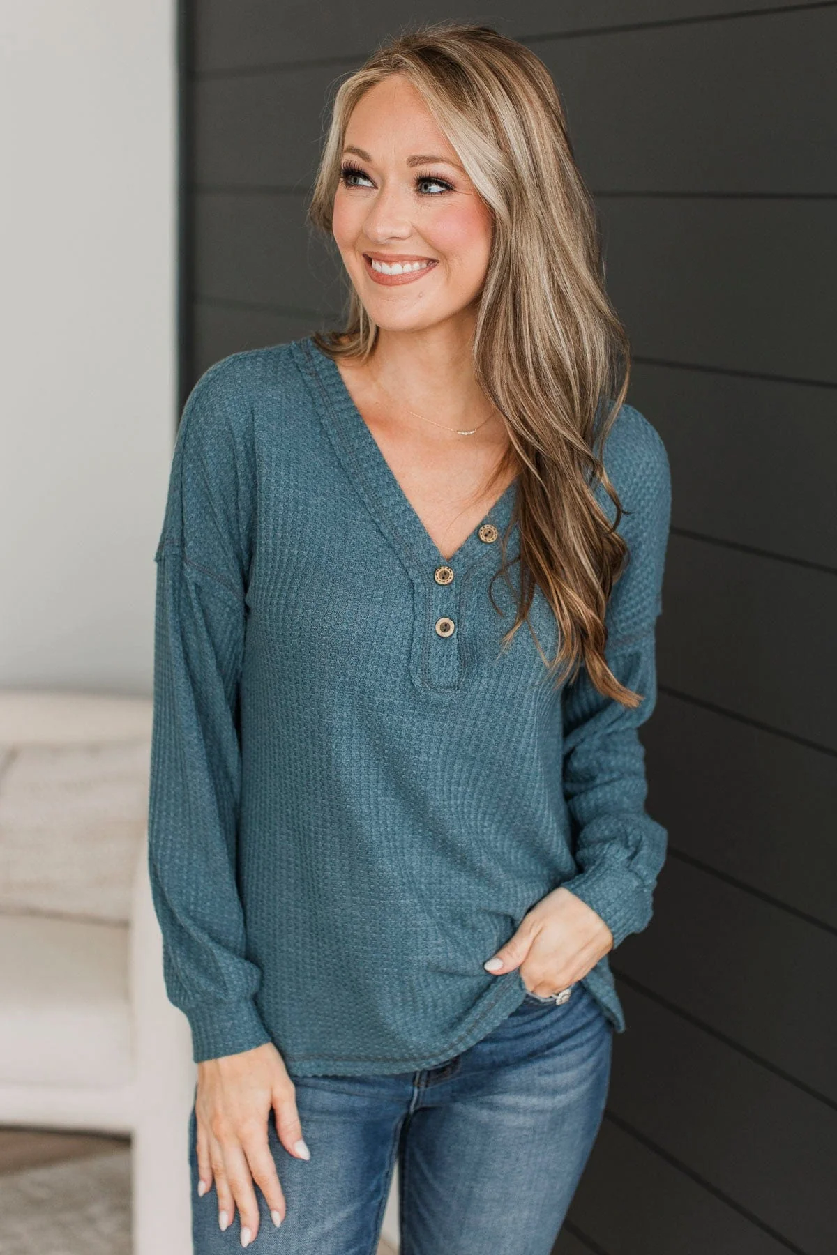 Sweet Nothings Waffle Knit Top- Denim Blue - Image 3